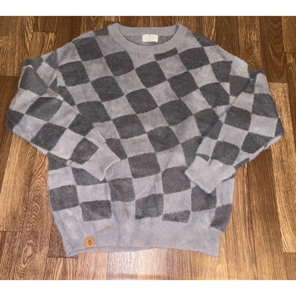Simply Southern Grey Checkered Fuzzy Eyelash Knit Crewneck Sweater Small